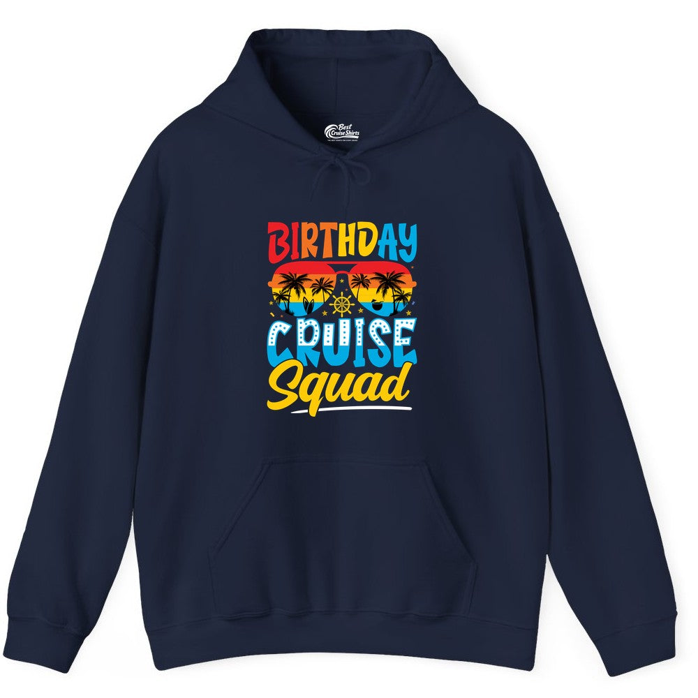 Birthday Cruise Squad Shirt - Tropical Sunset Group Cruise Apparel (Hoodie) in Navy - Birthday Cruise Squad Tropical Sunset Palm Tree Group Shirt