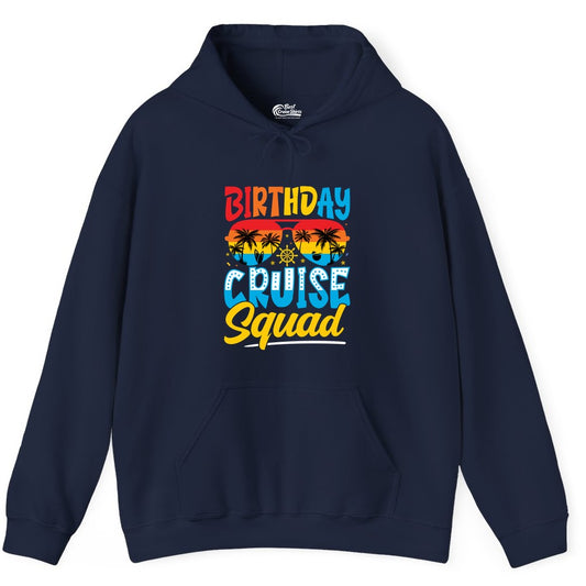 Birthday Cruise Squad Shirt - Tropical Sunset Group Cruise Apparel (Hoodie) in Navy - Birthday Cruise Squad Tropical Sunset Palm Tree Group Shirt