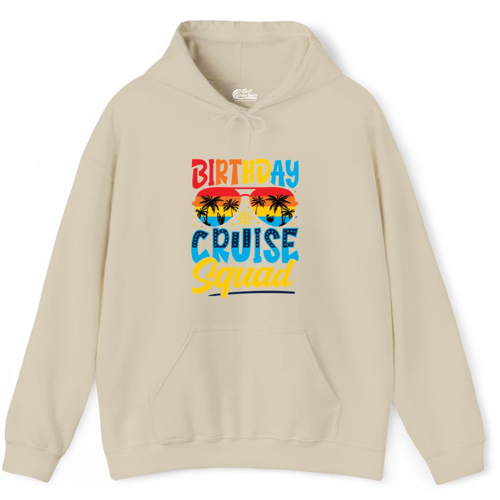 Birthday Cruise Squad Shirt - Tropical Sunset Group Cruise Apparel (Hoodie) in Sand - Birthday Cruise Squad Tropical Sunset Palm Tree Group Shirt