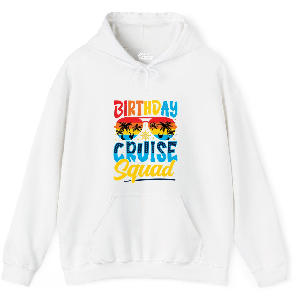 Birthday Cruise Squad Shirt - Tropical Sunset Group Cruise Apparel (Hoodie) in White - Birthday Cruise Squad Tropical Sunset Palm Tree Group Shirt