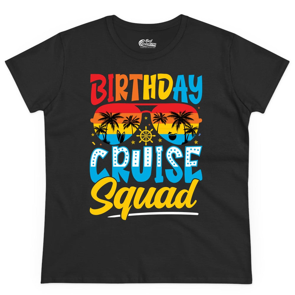 Birthday Cruise Squad Shirt - Tropical Sunset Group Cruise Apparel (Ladies Tee) in Black - Birthday Cruise Squad Tropical Sunset Palm Tree Group Shirt