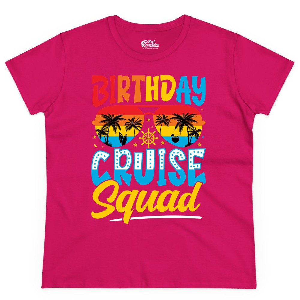Birthday Cruise Squad Shirt - Tropical Sunset Group Cruise Apparel (Ladies Tee) in Heliconia - Birthday Cruise Squad Tropical Sunset Palm Tree Group Shirt