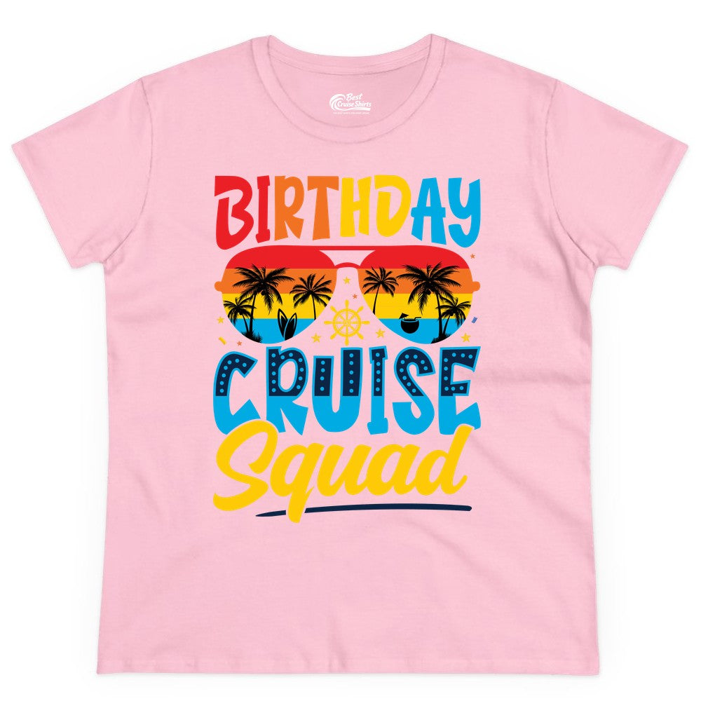 Birthday Cruise Squad Shirt - Tropical Sunset Group Cruise Apparel (Ladies Tee) in Light Pink - Birthday Cruise Squad Tropical Sunset Palm Tree Group Shirt
