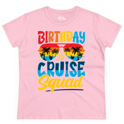 Birthday Cruise Squad Shirt - Tropical Sunset Group Cruise Apparel (Ladies Tee) in Light Pink - Birthday Cruise Squad Tropical Sunset Palm Tree Group Shirt