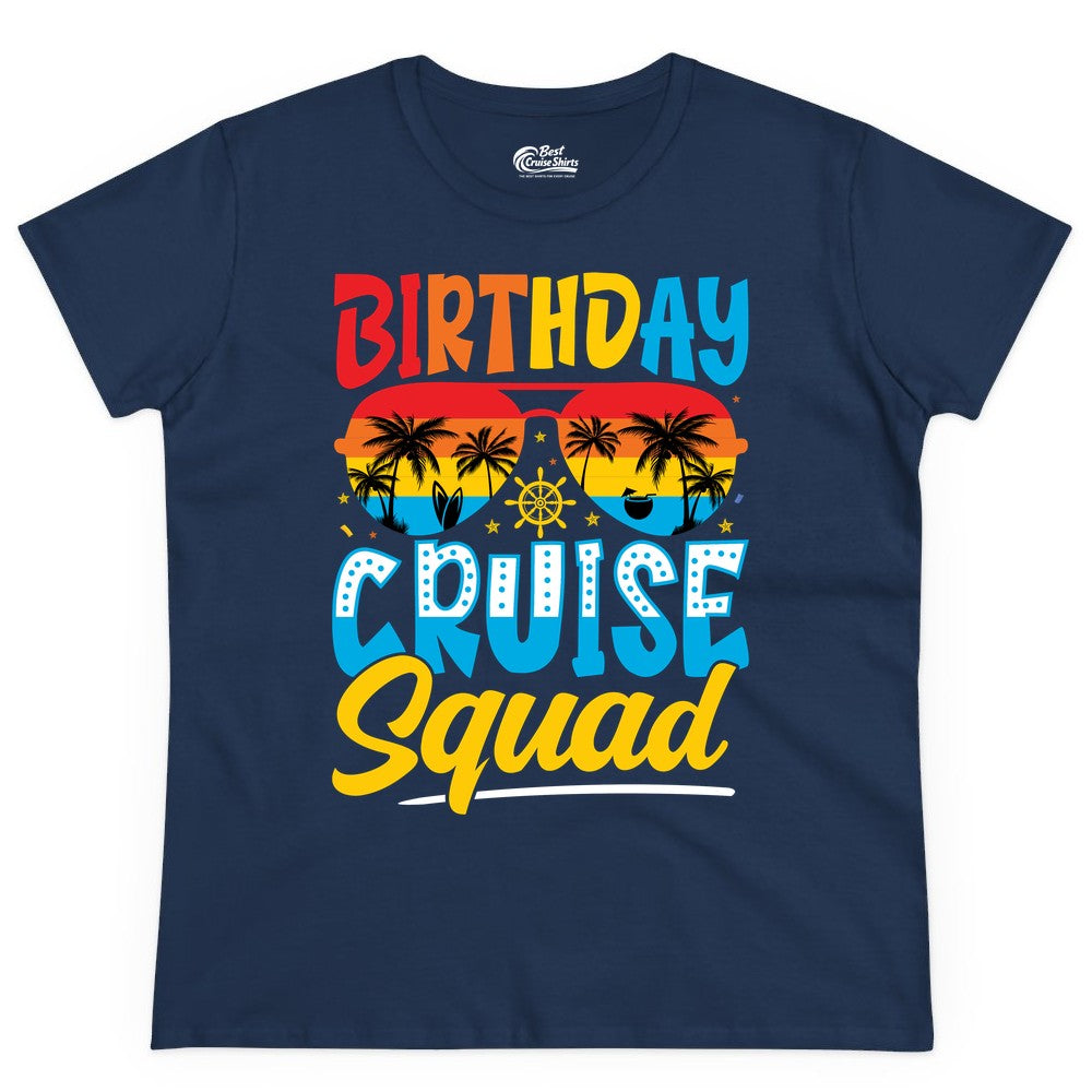 Birthday Cruise Squad Shirt - Tropical Sunset Group Cruise Apparel (Ladies Tee) in Navy - Birthday Cruise Squad Tropical Sunset Palm Tree Group Shirt