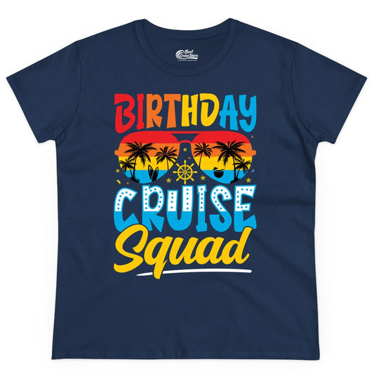 Birthday Cruise Squad Shirt - Tropical Sunset Group Cruise Apparel (Ladies Tee) in Navy - Birthday Cruise Squad Tropical Sunset Palm Tree Group Shirt