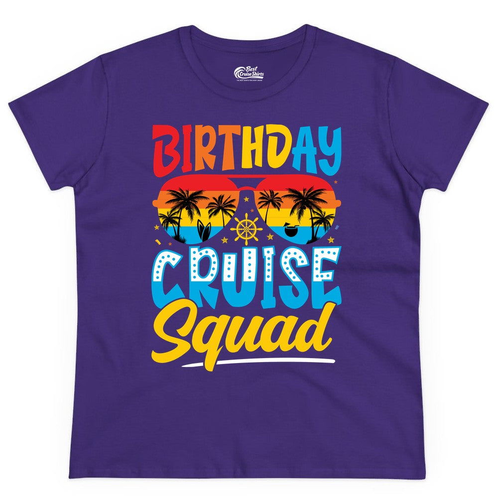 Birthday Cruise Squad Shirt - Tropical Sunset Group Cruise Apparel (Ladies Tee) in Purple - Birthday Cruise Squad Tropical Sunset Palm Tree Group Shirt
