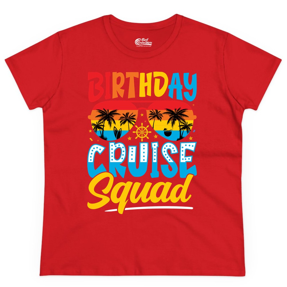 Birthday Cruise Squad Shirt - Tropical Sunset Group Cruise Apparel (Ladies Tee) in Red - Birthday Cruise Squad Tropical Sunset Palm Tree Group Shirt