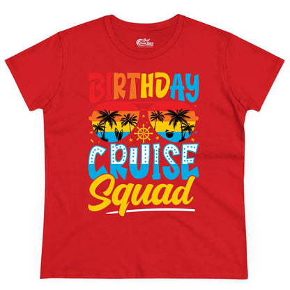 Birthday Cruise Squad Shirt - Tropical Sunset Group Cruise Apparel (Ladies Tee) in Red - Birthday Cruise Squad Tropical Sunset Palm Tree Group Shirt