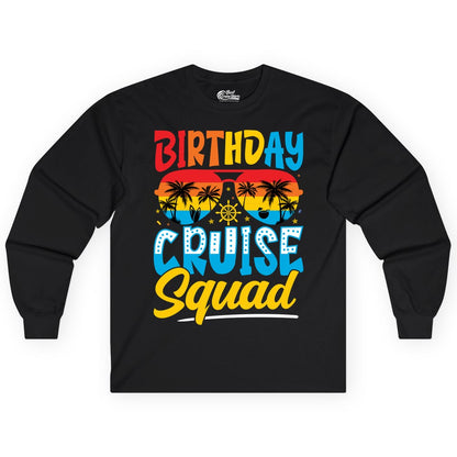 Birthday Cruise Squad Shirt - Tropical Sunset Group Cruise Apparel (Long Sleeve) in Black - Birthday Cruise Squad Tropical Sunset Palm Tree Group Shirt