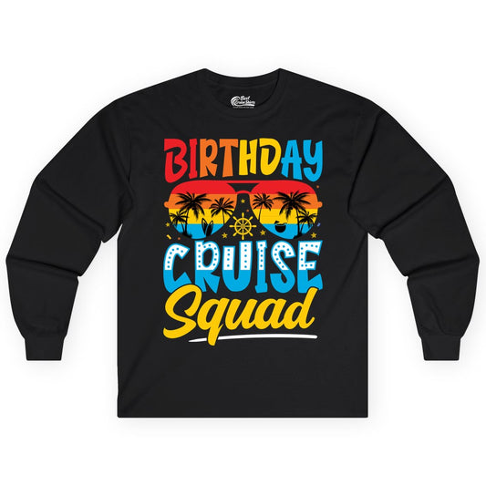 Birthday Cruise Squad Shirt - Tropical Sunset Group Cruise Apparel (Long Sleeve) in Black - Birthday Cruise Squad Tropical Sunset Palm Tree Group Shirt