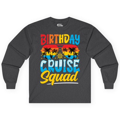 Birthday Cruise Squad Shirt - Tropical Sunset Group Cruise Apparel (Long Sleeve) in Dark Heather - Birthday Cruise Squad Tropical Sunset Palm Tree Group Shirt