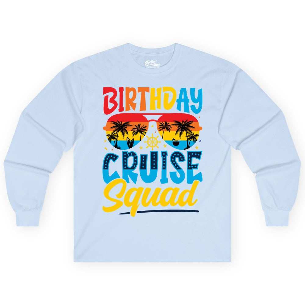 Birthday Cruise Squad Shirt - Tropical Sunset Group Cruise Apparel (Long Sleeve) in Light Blue - Birthday Cruise Squad Tropical Sunset Palm Tree Group Shirt