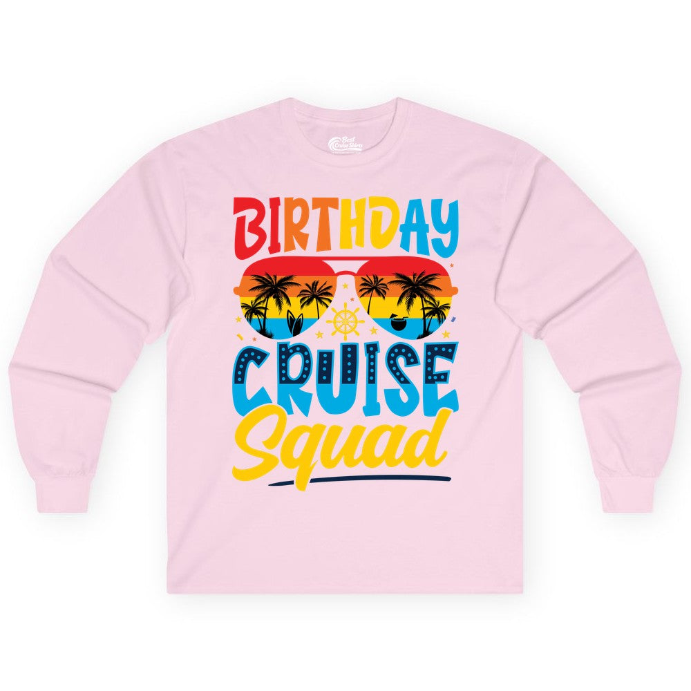 Birthday Cruise Squad Shirt - Tropical Sunset Group Cruise Apparel (Long Sleeve) in Light Pink - Birthday Cruise Squad Tropical Sunset Palm Tree Group Shirt