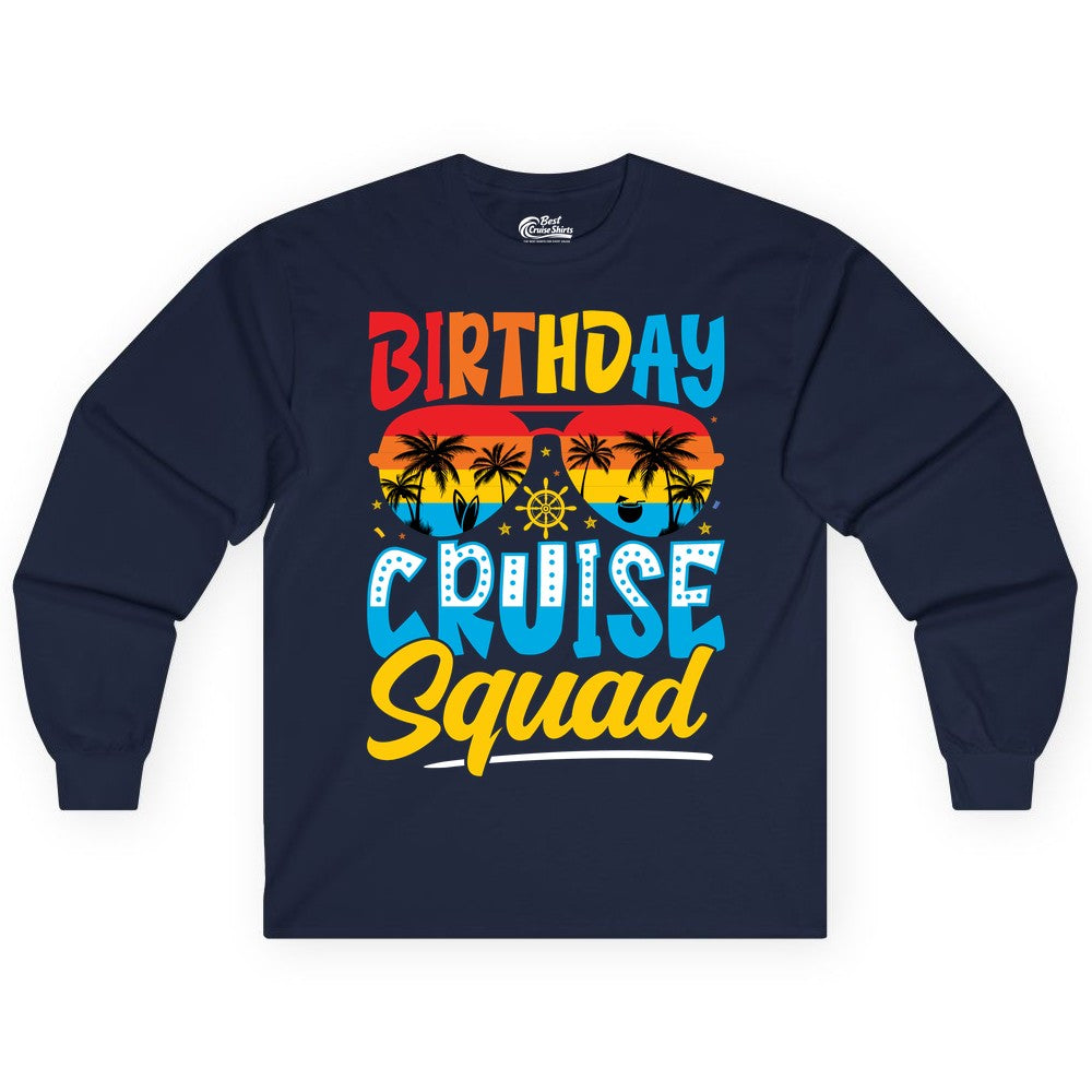 Birthday Cruise Squad Shirt - Tropical Sunset Group Cruise Apparel (Long Sleeve) in Navy - Birthday Cruise Squad Tropical Sunset Palm Tree Group Shirt
