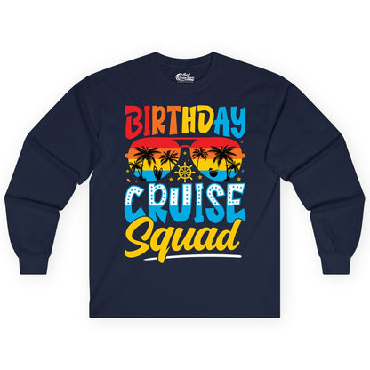 Birthday Cruise Squad Shirt - Tropical Sunset Group Cruise Apparel (Long Sleeve) in Navy - Birthday Cruise Squad Tropical Sunset Palm Tree Group Shirt