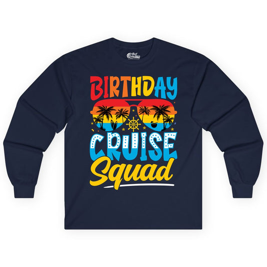 Birthday Cruise Squad Shirt - Tropical Sunset Group Cruise Apparel (Long Sleeve) in Navy - Birthday Cruise Squad Tropical Sunset Palm Tree Group Shirt