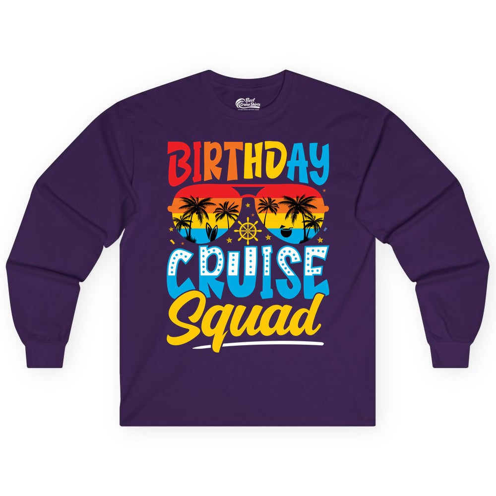 Birthday Cruise Squad Shirt - Tropical Sunset Group Cruise Apparel (Long Sleeve) in Purple - Birthday Cruise Squad Tropical Sunset Palm Tree Group Shirt