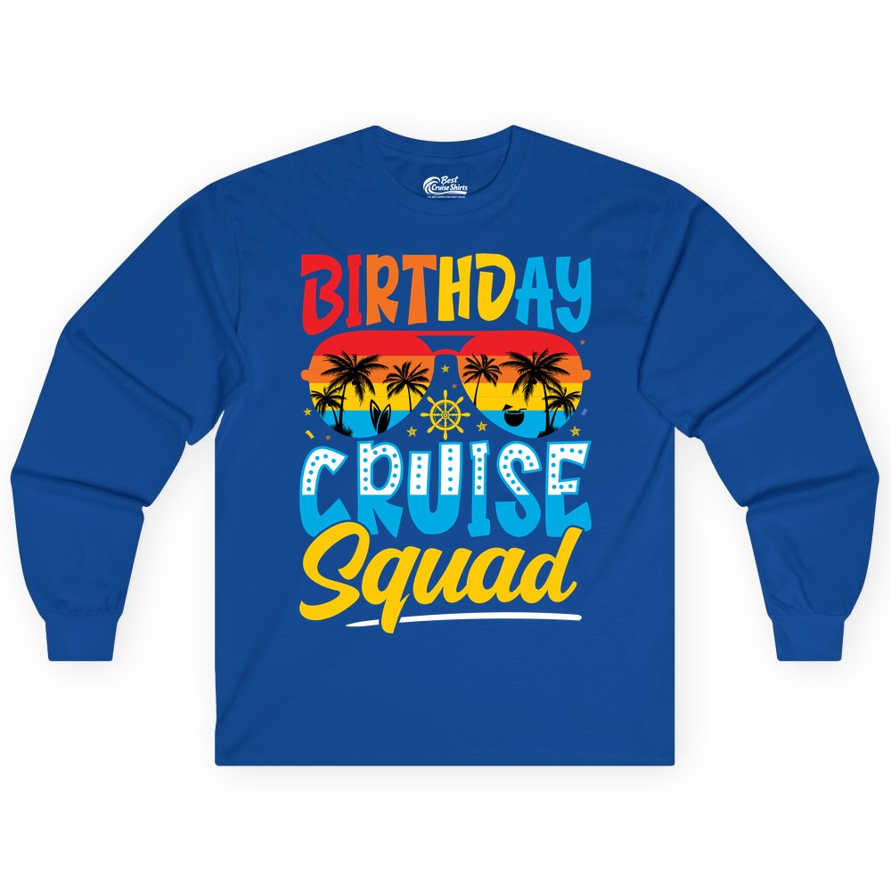 Birthday Cruise Squad Shirt - Tropical Sunset Group Cruise Apparel (Long Sleeve) in Royal - Birthday Cruise Squad Tropical Sunset Palm Tree Group Shirt