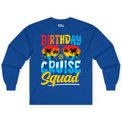 Birthday Cruise Squad Shirt - Tropical Sunset Group Cruise Apparel (Long Sleeve) in Royal - Birthday Cruise Squad Tropical Sunset Palm Tree Group Shirt