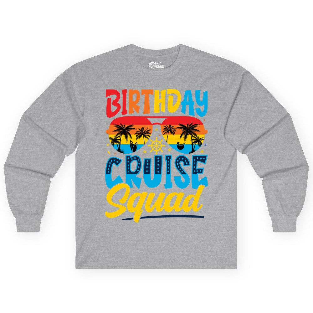 Birthday Cruise Squad Shirt - Tropical Sunset Group Cruise Apparel (Long Sleeve) in Sport Grey - Birthday Cruise Squad Tropical Sunset Palm Tree Group Shirt
