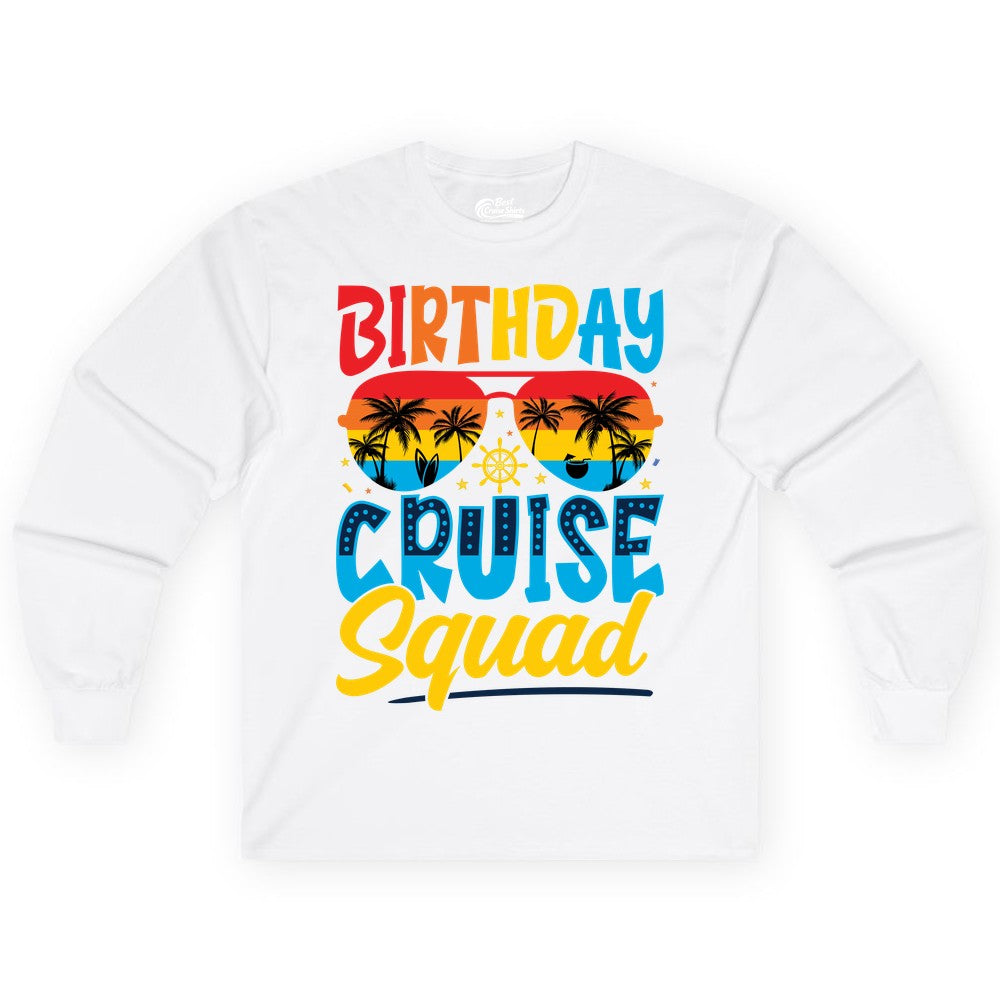 Birthday Cruise Squad Shirt - Tropical Sunset Group Cruise Apparel (Long Sleeve) in White - Birthday Cruise Squad Tropical Sunset Palm Tree Group Shirt