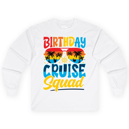 Birthday Cruise Squad Shirt - Tropical Sunset Group Cruise Apparel (Long Sleeve) in White - Birthday Cruise Squad Tropical Sunset Palm Tree Group Shirt