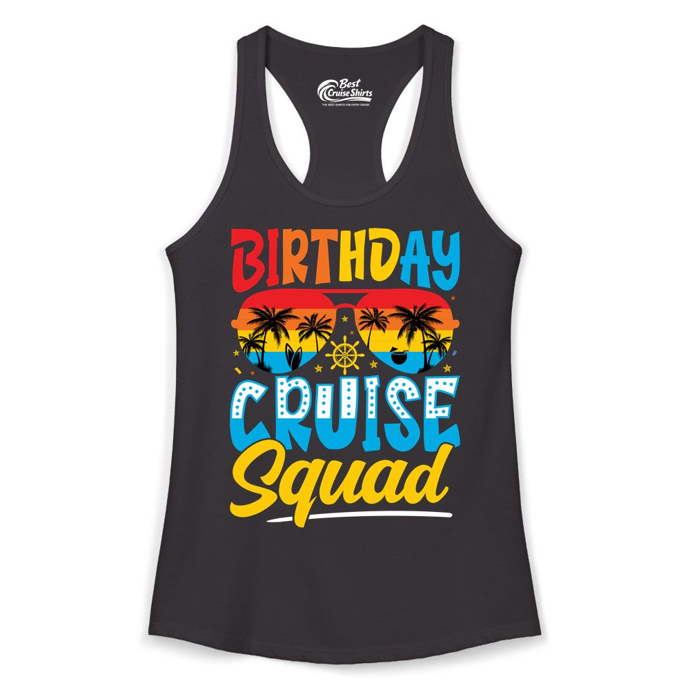 Birthday Cruise Squad Shirt - Tropical Sunset Group Cruise Apparel (Ladies Tank) in Black - Birthday Cruise Squad Tropical Sunset Palm Tree Group Shirt