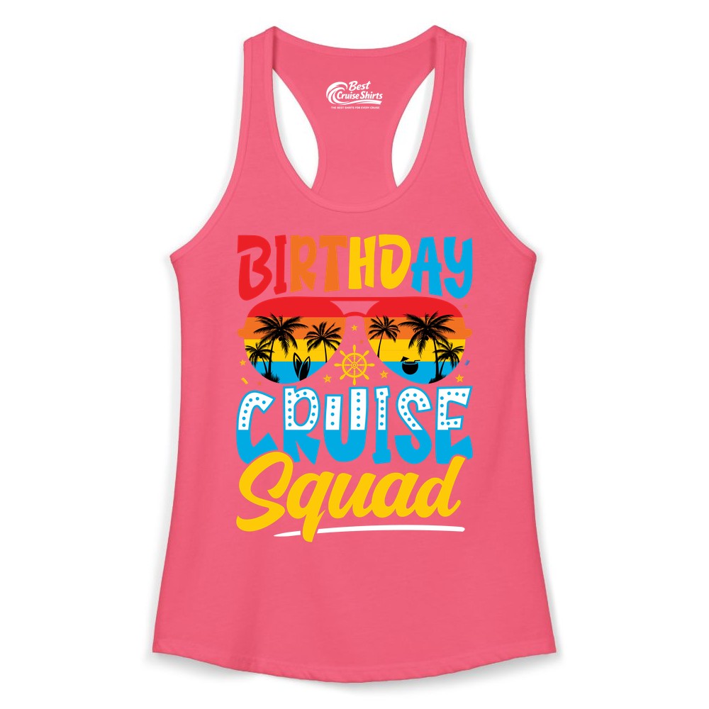 Birthday Cruise Squad Shirt - Tropical Sunset Group Cruise Apparel (Ladies Tank) in Hot Pink - Birthday Cruise Squad Tropical Sunset Palm Tree Group Shirt