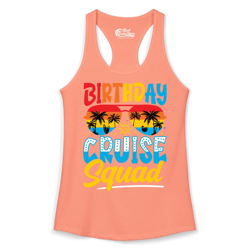 Birthday Cruise Squad Shirt - Tropical Sunset Group Cruise Apparel (Ladies Tank) in Solid Light Orange - Birthday Cruise Squad Tropical Sunset Palm Tree Group Shirt