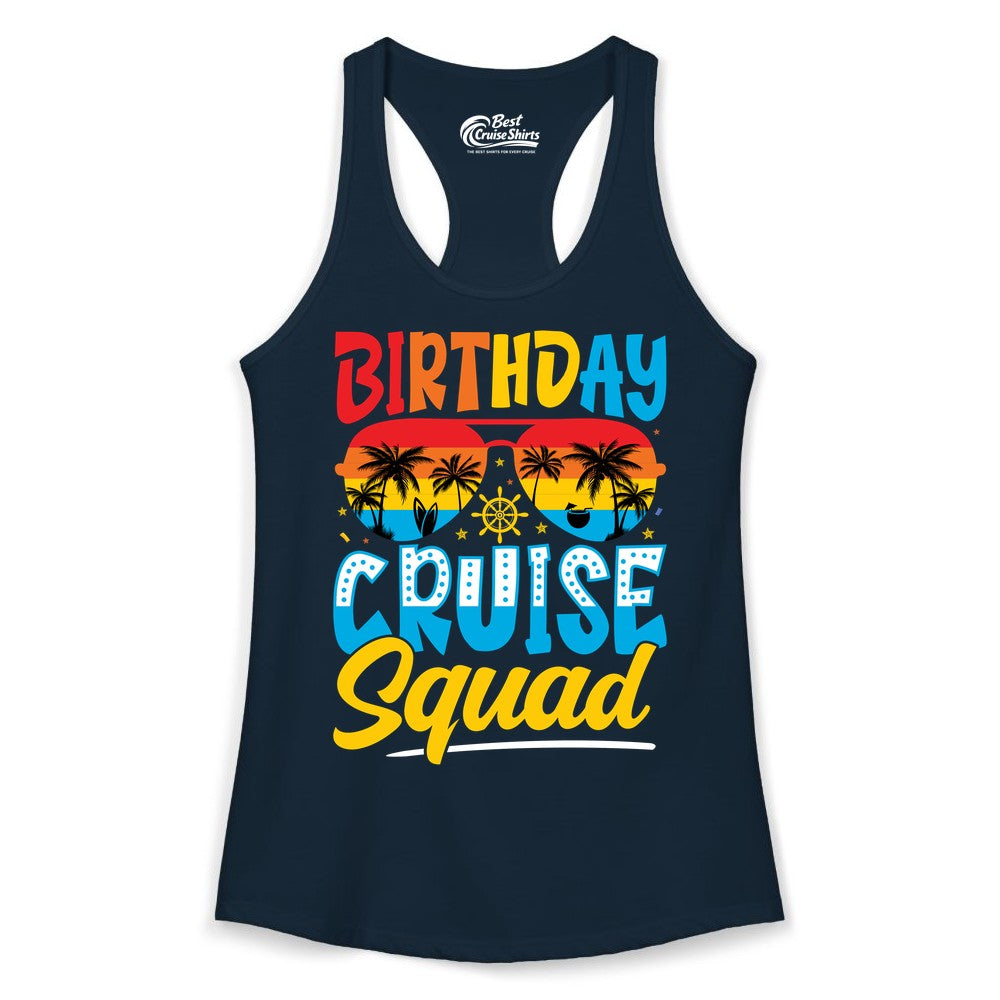 Birthday Cruise Squad Shirt - Tropical Sunset Group Cruise Apparel (Ladies Tank) in Solid Midnight Navy - Birthday Cruise Squad Tropical Sunset Palm Tree Group Shirt