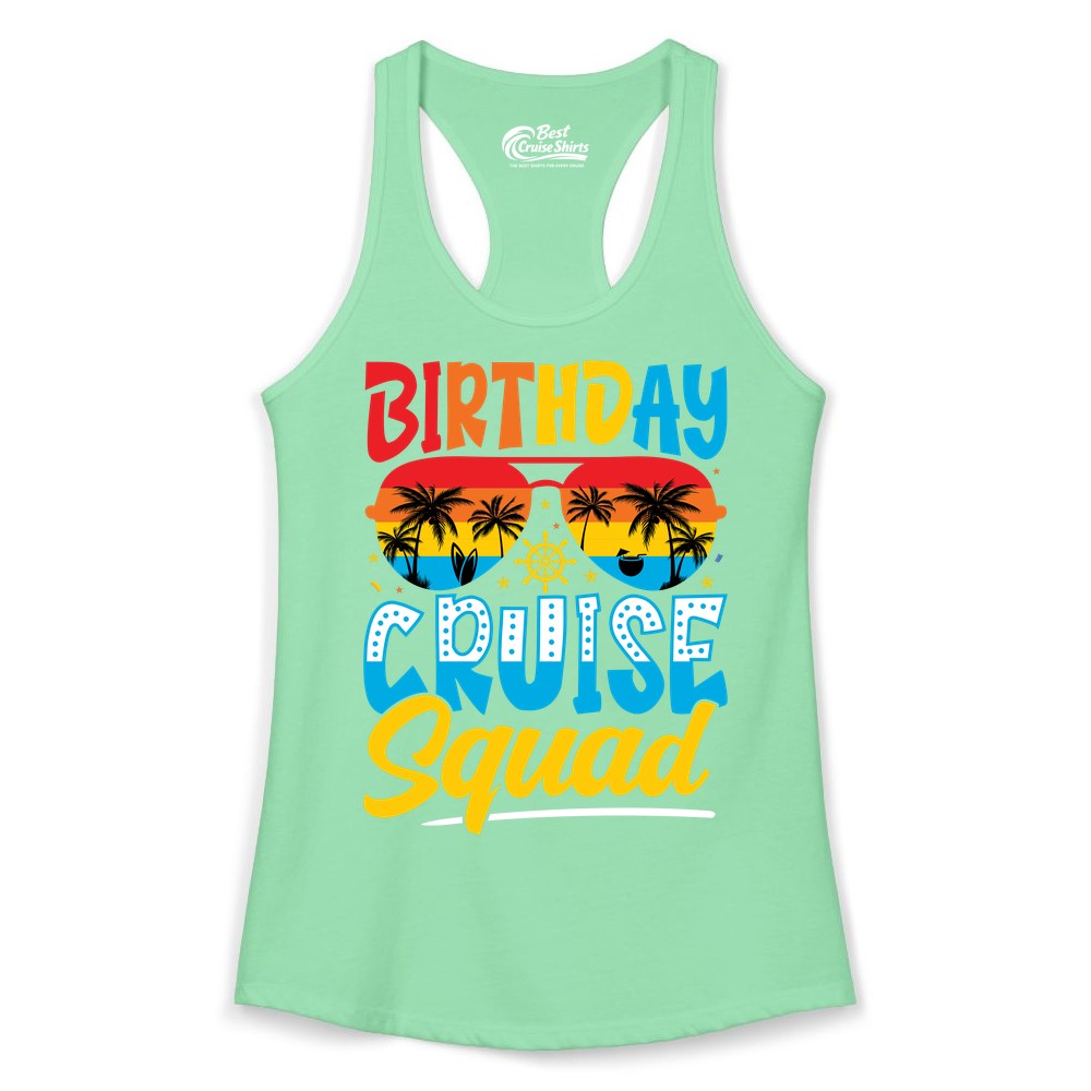 Birthday Cruise Squad Shirt - Tropical Sunset Group Cruise Apparel (Ladies Tank) in Solid Mint - Birthday Cruise Squad Tropical Sunset Palm Tree Group Shirt