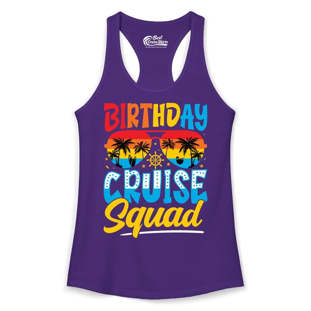 Birthday Cruise Squad Shirt - Tropical Sunset Group Cruise Apparel (Ladies Tank) in Solid Purple Rush - Birthday Cruise Squad Tropical Sunset Palm Tree Group Shirt
