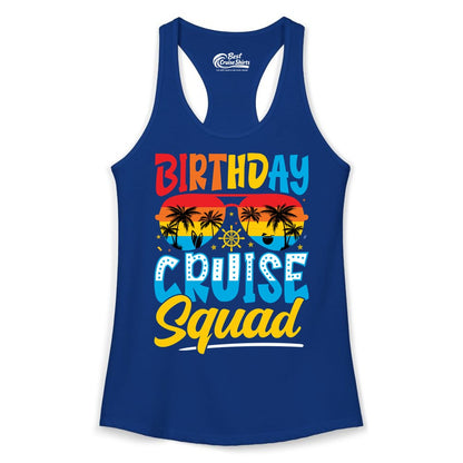 Birthday Cruise Squad Shirt - Tropical Sunset Group Cruise Apparel (Ladies Tank) in Solid Royal - Birthday Cruise Squad Tropical Sunset Palm Tree Group Shirt