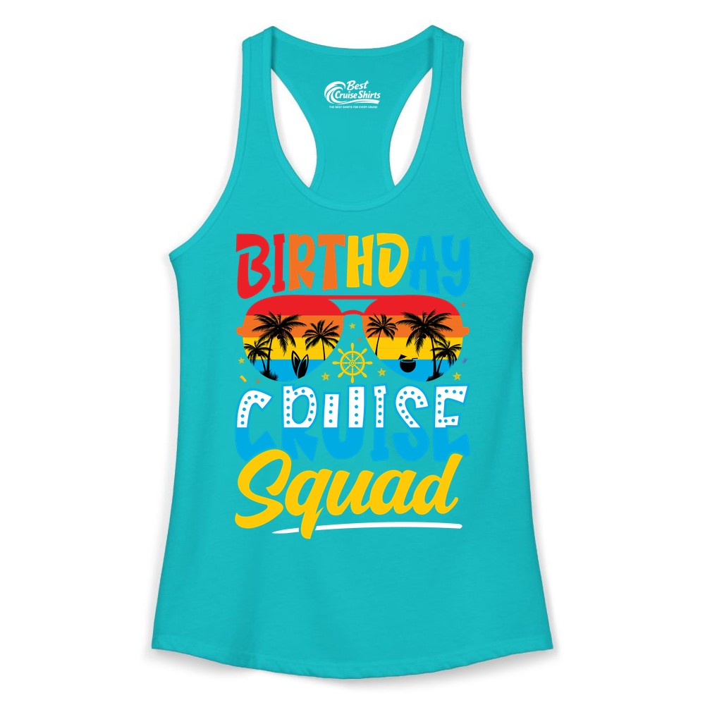 Birthday Cruise Squad Shirt - Tropical Sunset Group Cruise Apparel (Ladies Tank) in Tahiti Blue - Birthday Cruise Squad Tropical Sunset Palm Tree Group Shirt