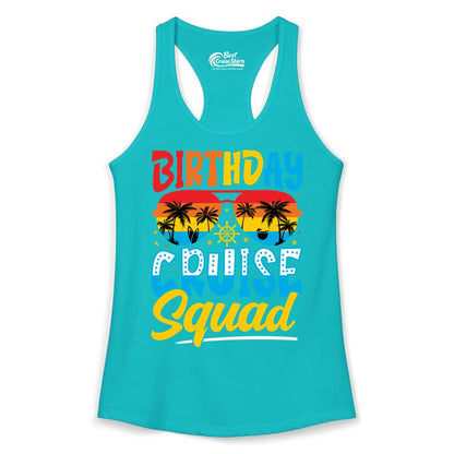 Birthday Cruise Squad Shirt - Tropical Sunset Group Cruise Apparel (Ladies Tank) in Tahiti Blue - Birthday Cruise Squad Tropical Sunset Palm Tree Group Shirt