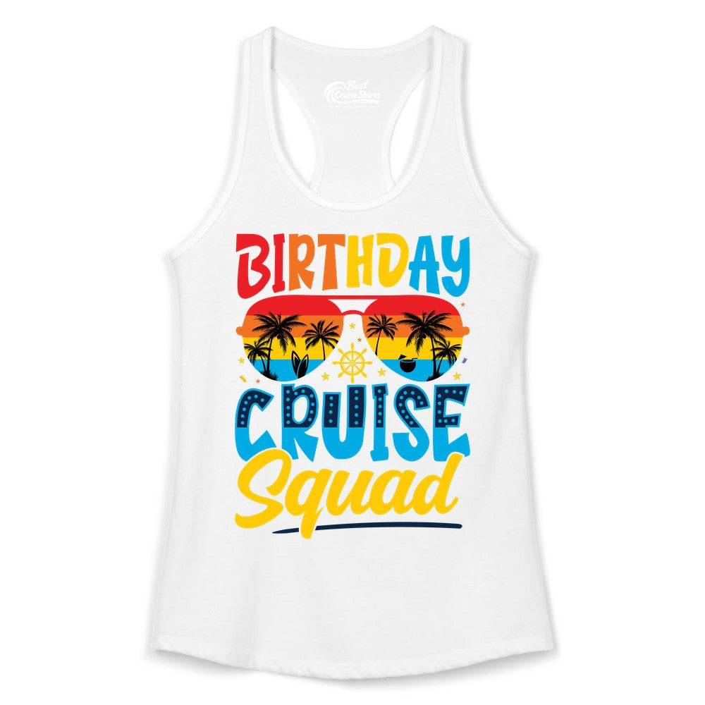 Birthday Cruise Squad Shirt - Tropical Sunset Group Cruise Apparel (Ladies Tank) in White - Birthday Cruise Squad Tropical Sunset Palm Tree Group Shirt