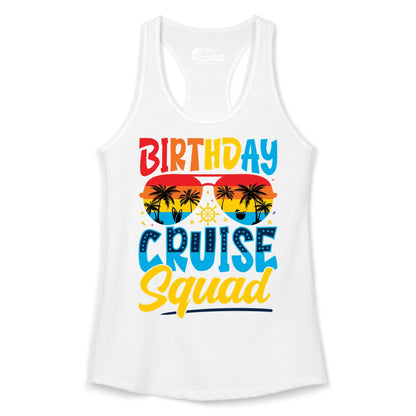 Birthday Cruise Squad Shirt - Tropical Sunset Group Cruise Apparel (Ladies Tank) in White - Birthday Cruise Squad Tropical Sunset Palm Tree Group Shirt