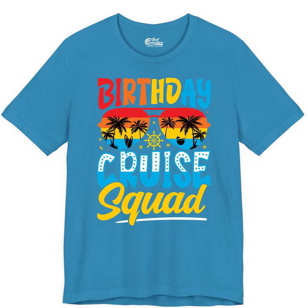 Birthday Cruise Squad Shirt - Tropical Sunset Group Cruise Apparel (Premium Tee) in Aqua - Birthday Cruise Squad Tropical Sunset Palm Tree Group Shirt