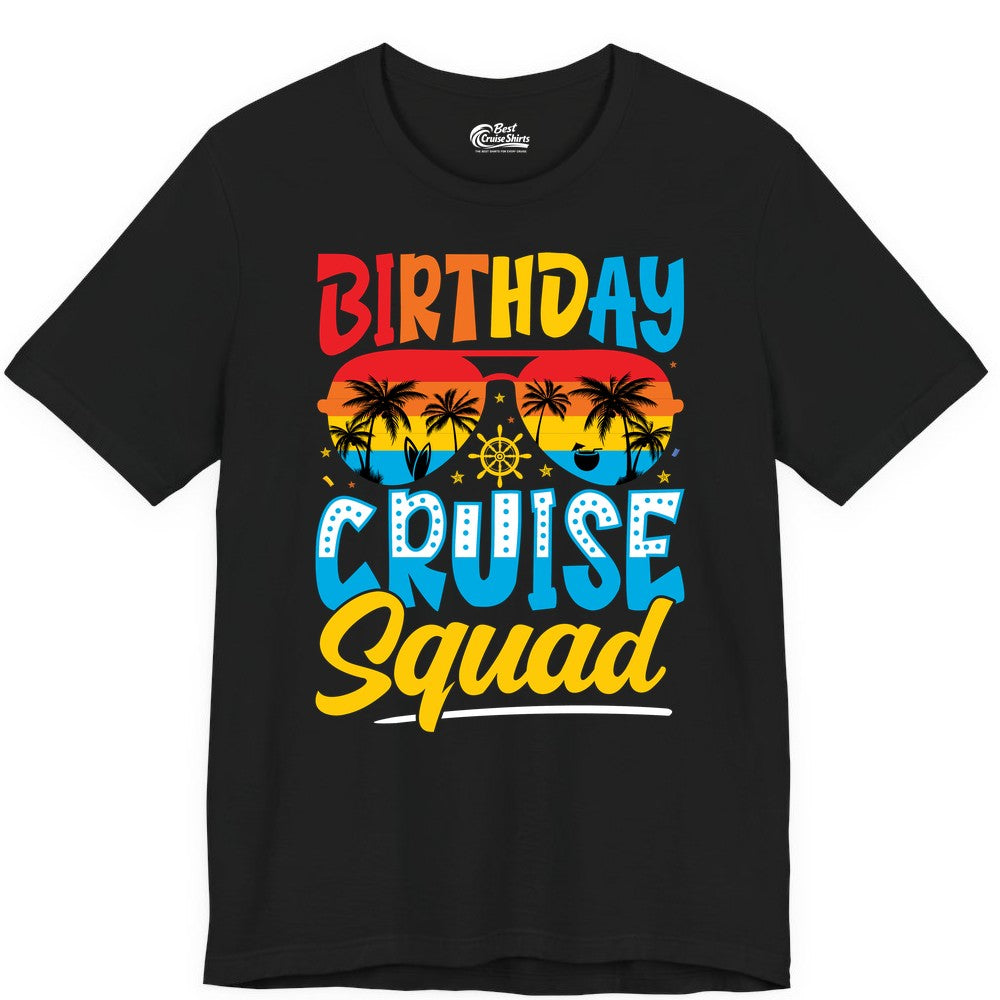 Birthday Cruise Squad Shirt - Tropical Sunset Group Cruise Apparel (Premium Tee) in Black - Birthday Cruise Squad Tropical Sunset Palm Tree Group Shirt