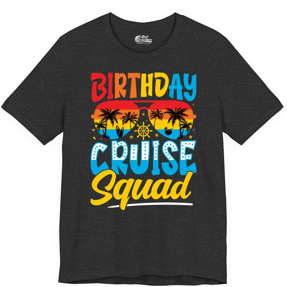 Birthday Cruise Squad Shirt - Tropical Sunset Group Cruise Apparel (Premium Tee) in Dark Grey Heather - Birthday Cruise Squad Tropical Sunset Palm Tree Group Shirt