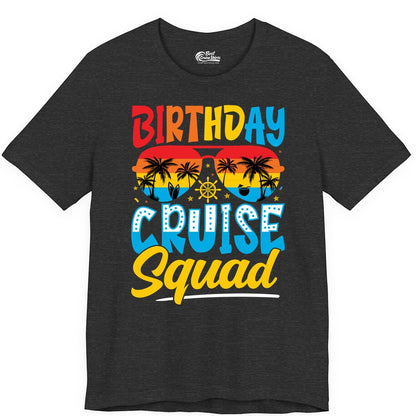 Birthday Cruise Squad Shirt - Tropical Sunset Group Cruise Apparel (Premium Tee) in Dark Grey Heather - Birthday Cruise Squad Tropical Sunset Palm Tree Group Shirt