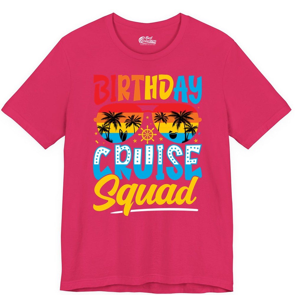 Birthday Cruise Squad Shirt - Tropical Sunset Group Cruise Apparel (Premium Tee) in Fuchsia - Birthday Cruise Squad Tropical Sunset Palm Tree Group Shirt
