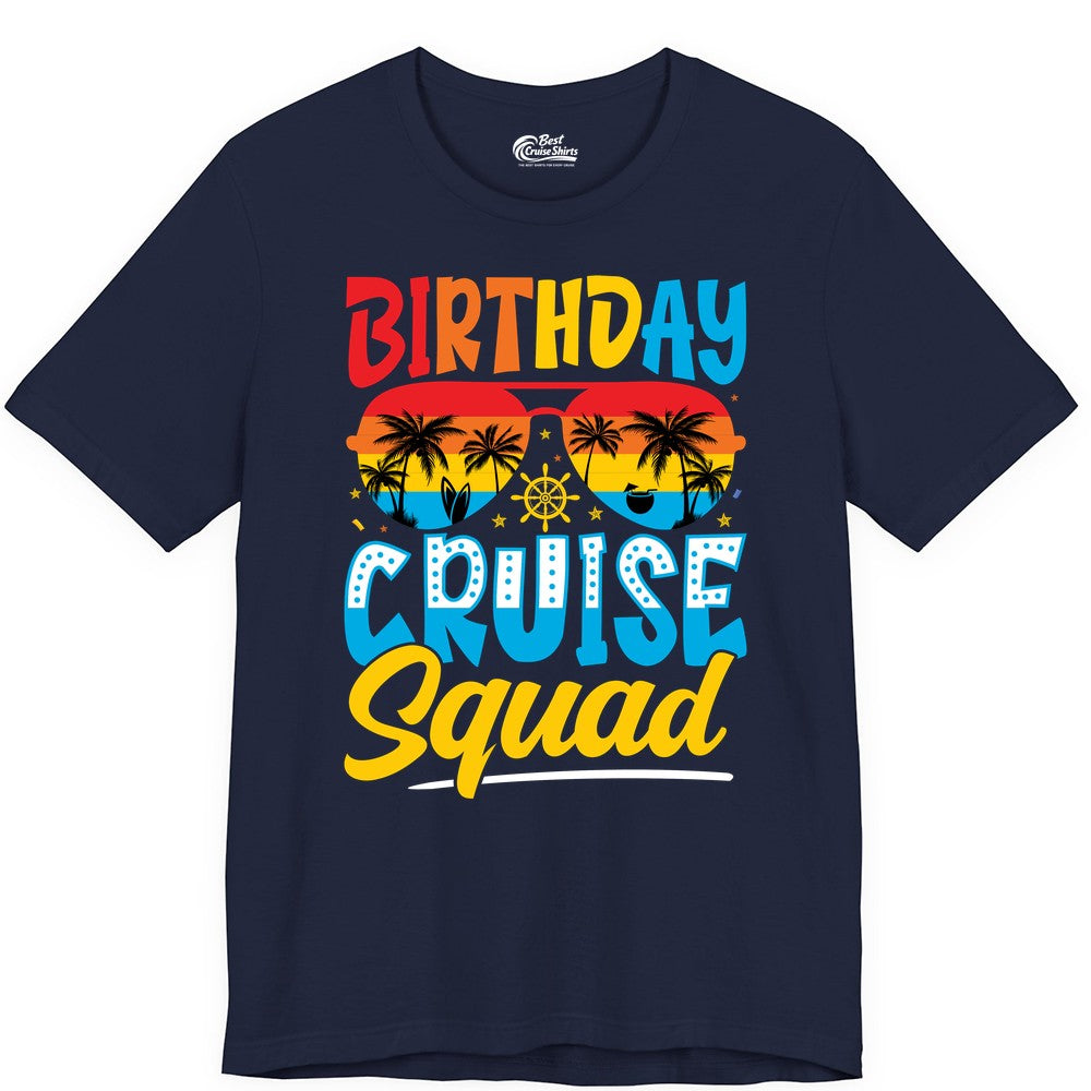 Birthday Cruise Squad Shirt - Tropical Sunset Group Cruise Apparel (Premium Tee) in Navy - Birthday Cruise Squad Tropical Sunset Palm Tree Group Shirt