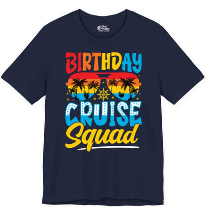 Birthday Cruise Squad Shirt - Tropical Sunset Group Cruise Apparel (Premium Tee) in Navy - Birthday Cruise Squad Tropical Sunset Palm Tree Group Shirt