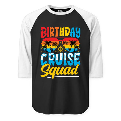 Birthday Cruise Squad Shirt - Tropical Sunset Group Cruise Apparel (Raglan) in BlackWhite - Birthday Cruise Squad Tropical Sunset Palm Tree Group Shirt