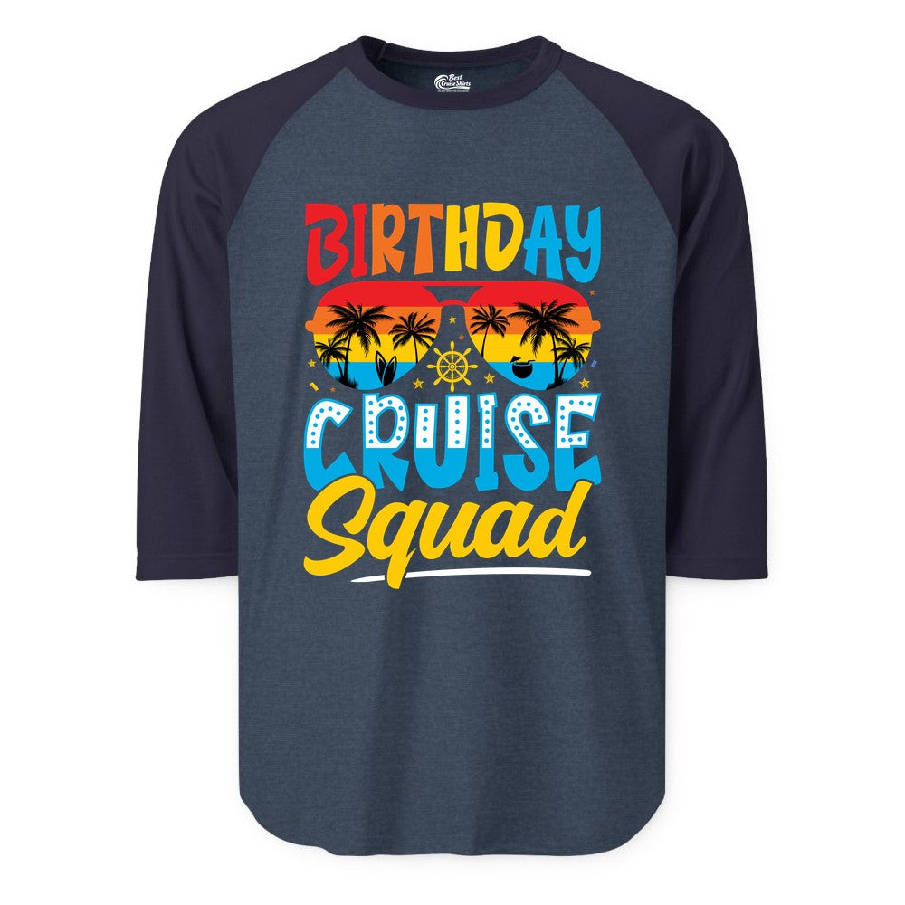 Birthday Cruise Squad Shirt - Tropical Sunset Group Cruise Apparel (Raglan) in Heather DenimNavy - Birthday Cruise Squad Tropical Sunset Palm Tree Group Shirt