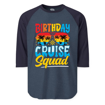 Birthday Cruise Squad Shirt - Tropical Sunset Group Cruise Apparel (Raglan) in Heather DenimNavy - Birthday Cruise Squad Tropical Sunset Palm Tree Group Shirt