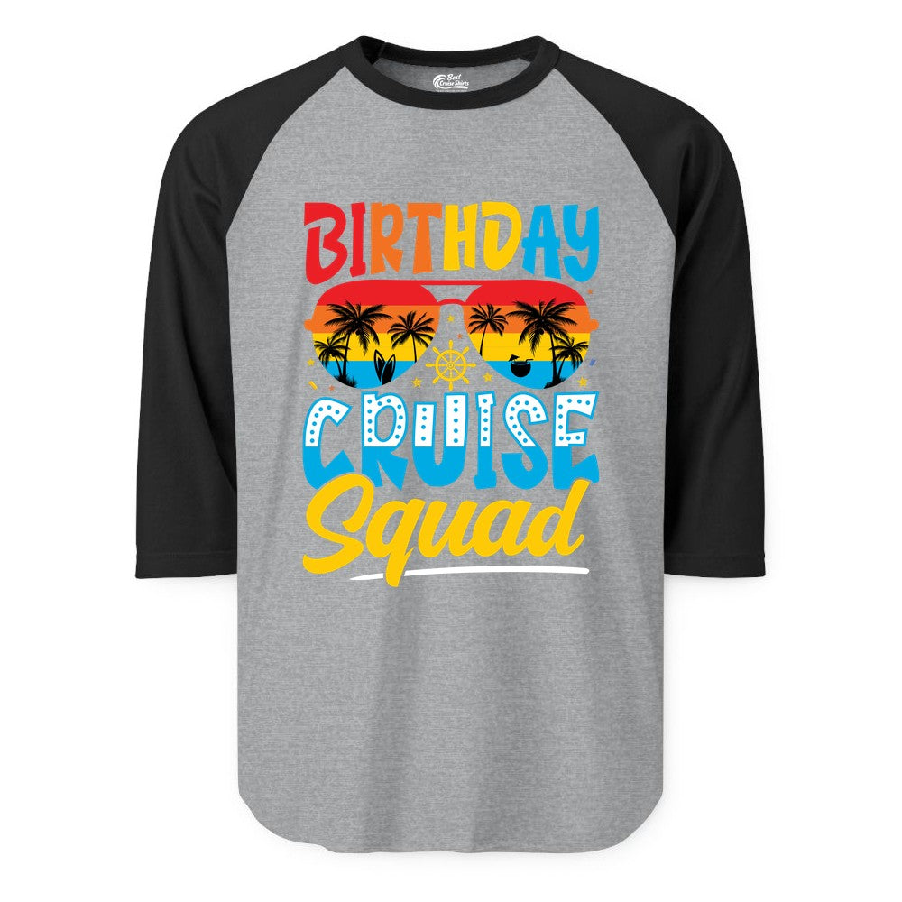 Birthday Cruise Squad Shirt - Tropical Sunset Group Cruise Apparel (Raglan) in Heather GreyBlack - Birthday Cruise Squad Tropical Sunset Palm Tree Group Shirt