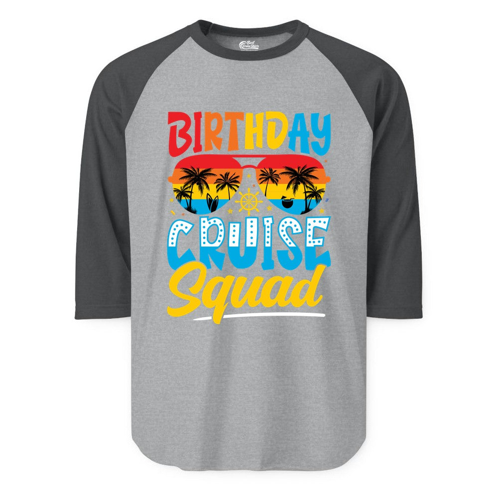 Birthday Cruise Squad Shirt - Tropical Sunset Group Cruise Apparel (Raglan) in Heather GreyHeather Charcoal - Birthday Cruise Squad Tropical Sunset Palm Tree Group Shirt